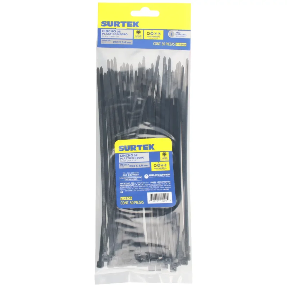 Cinchos plásticos 203 x 3.6 mm, tensión 18 Kg de 50 piezas, color negro