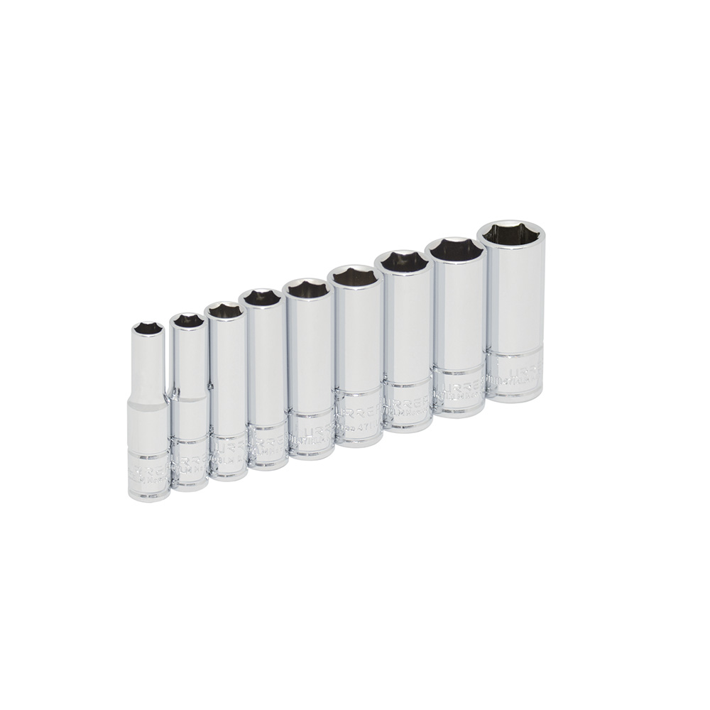 Juego de dados largos cuadro de 1/4", 6 puntas, métricos, en riel, 9 piezas