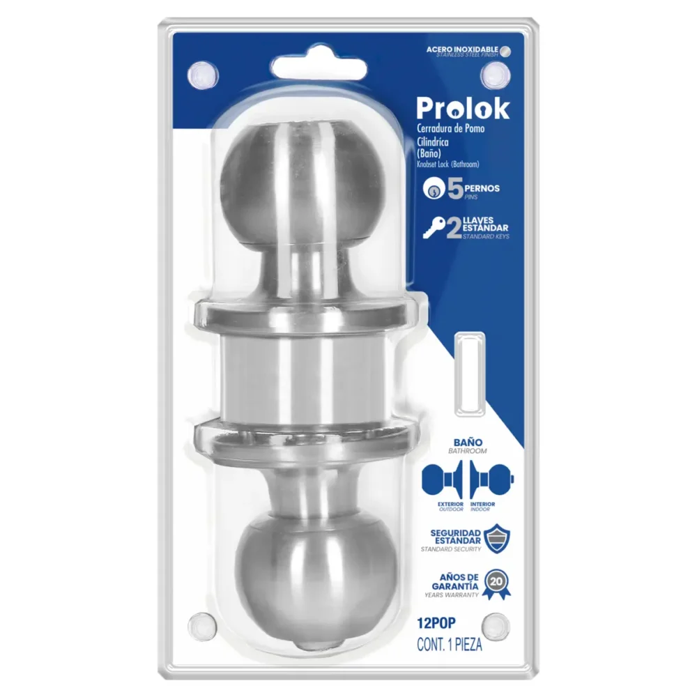 Pomo cilíndrico bola función baño, acero inoxidable, llave estándar, blíster