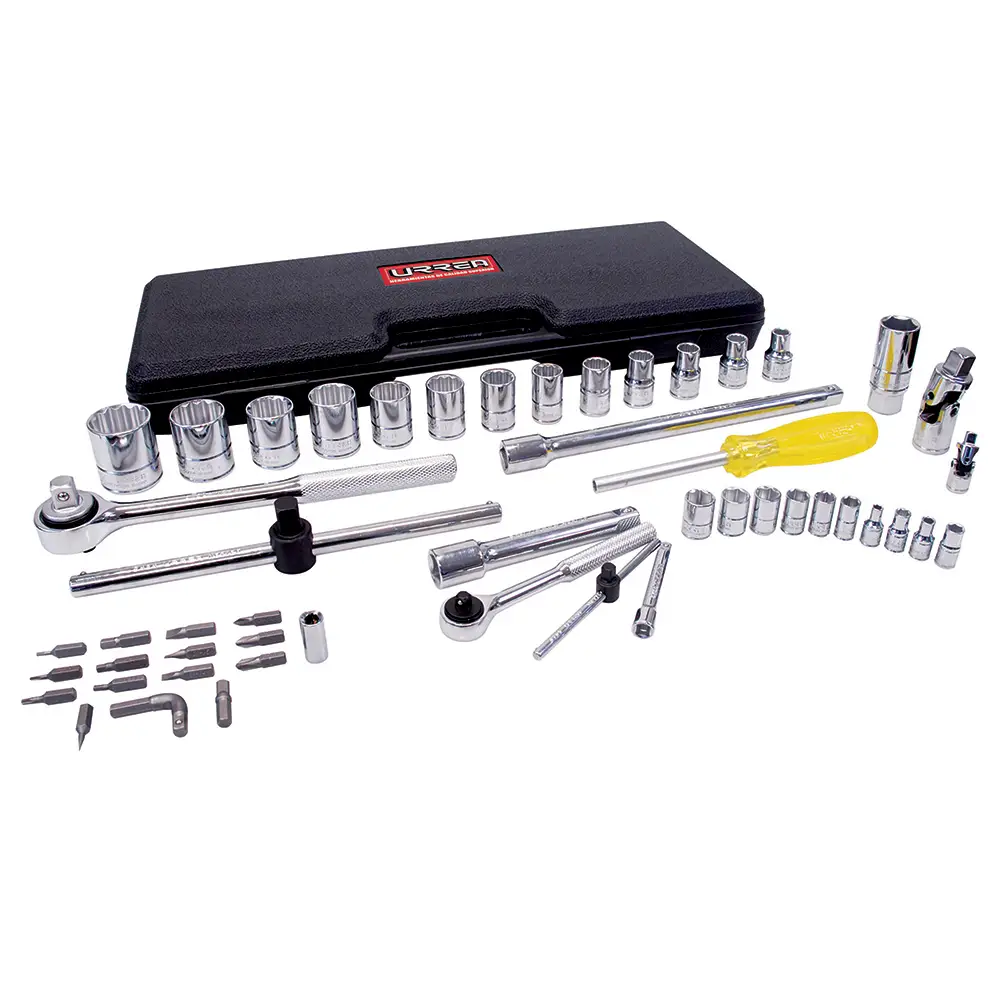 Juego de dados y accesorios cuadro de 1/4" y 1/2" métrico, 50 piezas