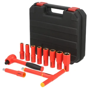 Juego de dados y accesorios cuadro de 1/2" métricos para 1000 V, caja plástica, 11 piezas