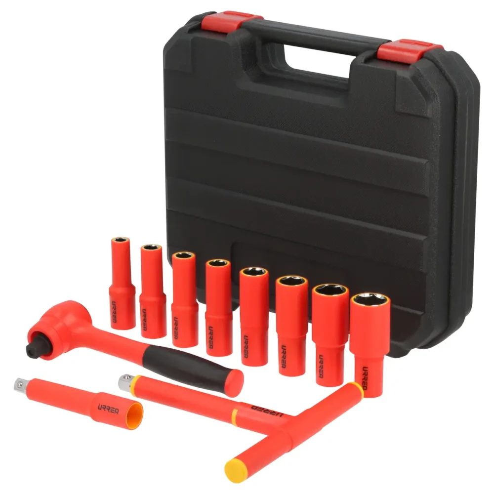 Juego de dados y accesorios cuadro de 1/2" métricos para 1000 V, caja plástica, 11 piezas