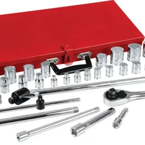 Juego de dados y accesorios cuadro de 3/8" y 1/2" en pulgadas en caja metálica, 37 piezas