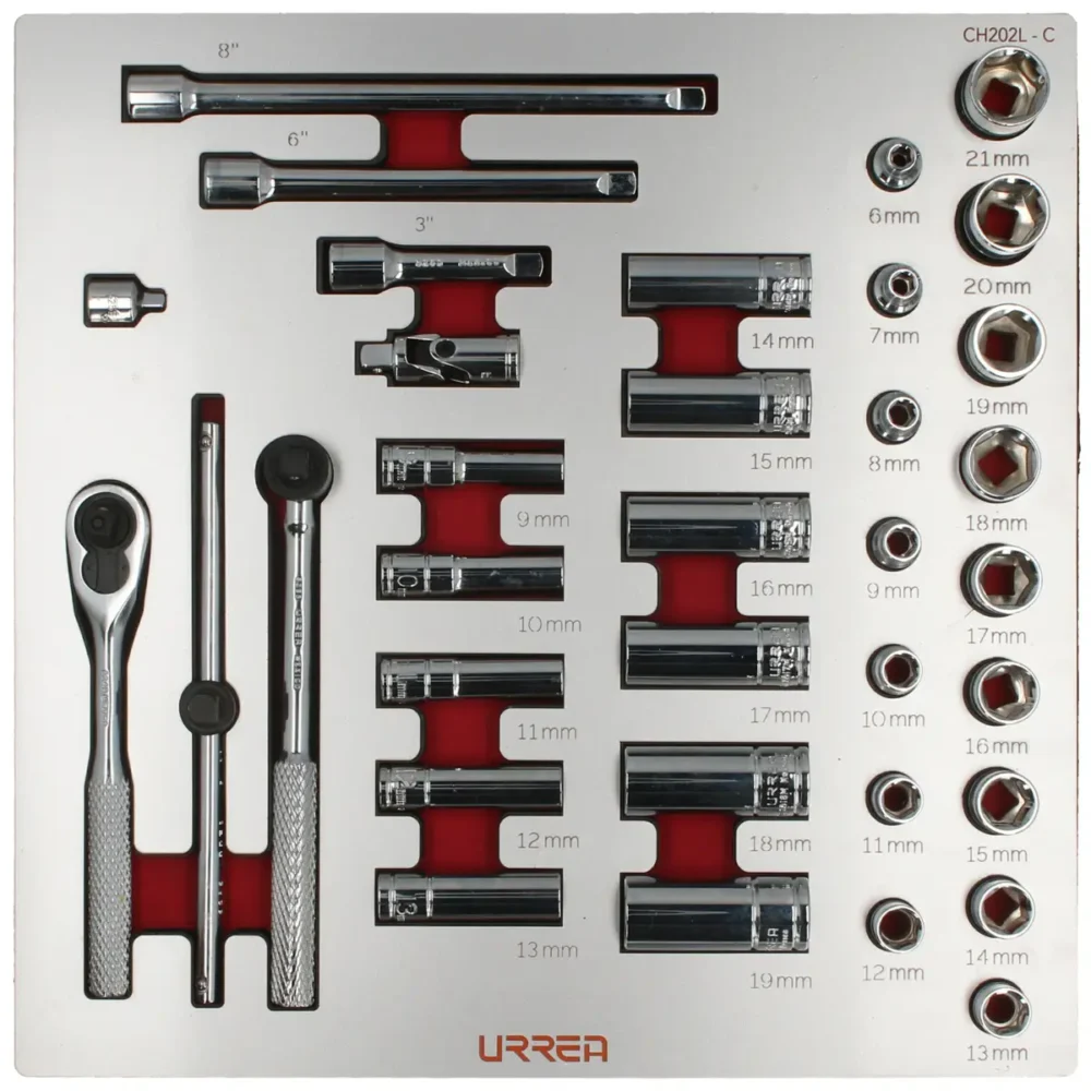 Juego de dados cortos, largos y accesorios cuadro de 3/8" métricos 35 piezas, CH202L-C