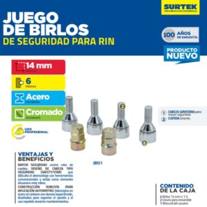Juego de birlos de seguridad para rin, 14mm x 1.5