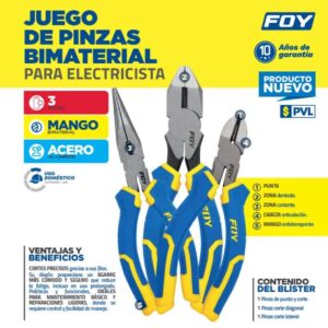 Juego de pinzas bimaterial para electricista, 3PZs