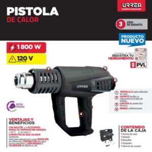 Pistola de calor 1800 W , 50° C a 600°C, 120 V, maletín