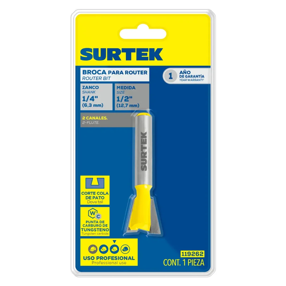 Broca para router de acero con cola de pato 1/2" zanco de 1/4"