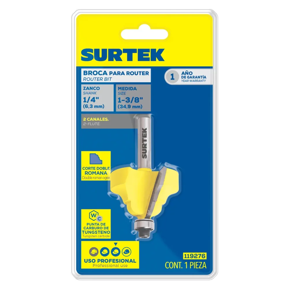 Broca para router de acero romana con balero 1-3/8" zanco de 1/4"