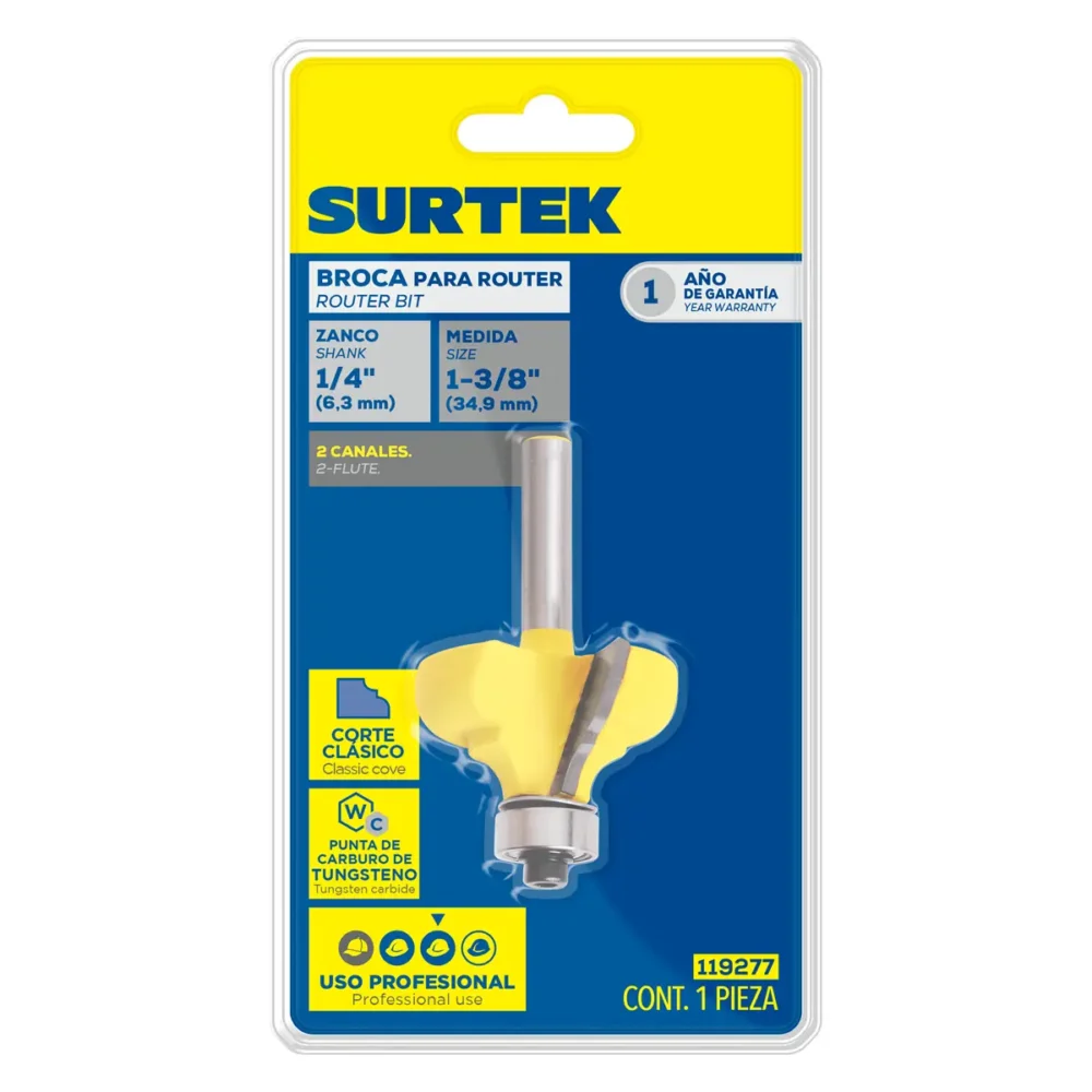 Broca para router de acero moldadura clásica con balero 1-3/8" zanco de 1/4"