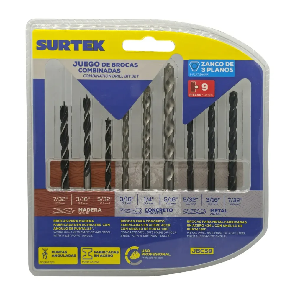 Juego combinado de brocas para metal, concreto y madera, 9 piezas