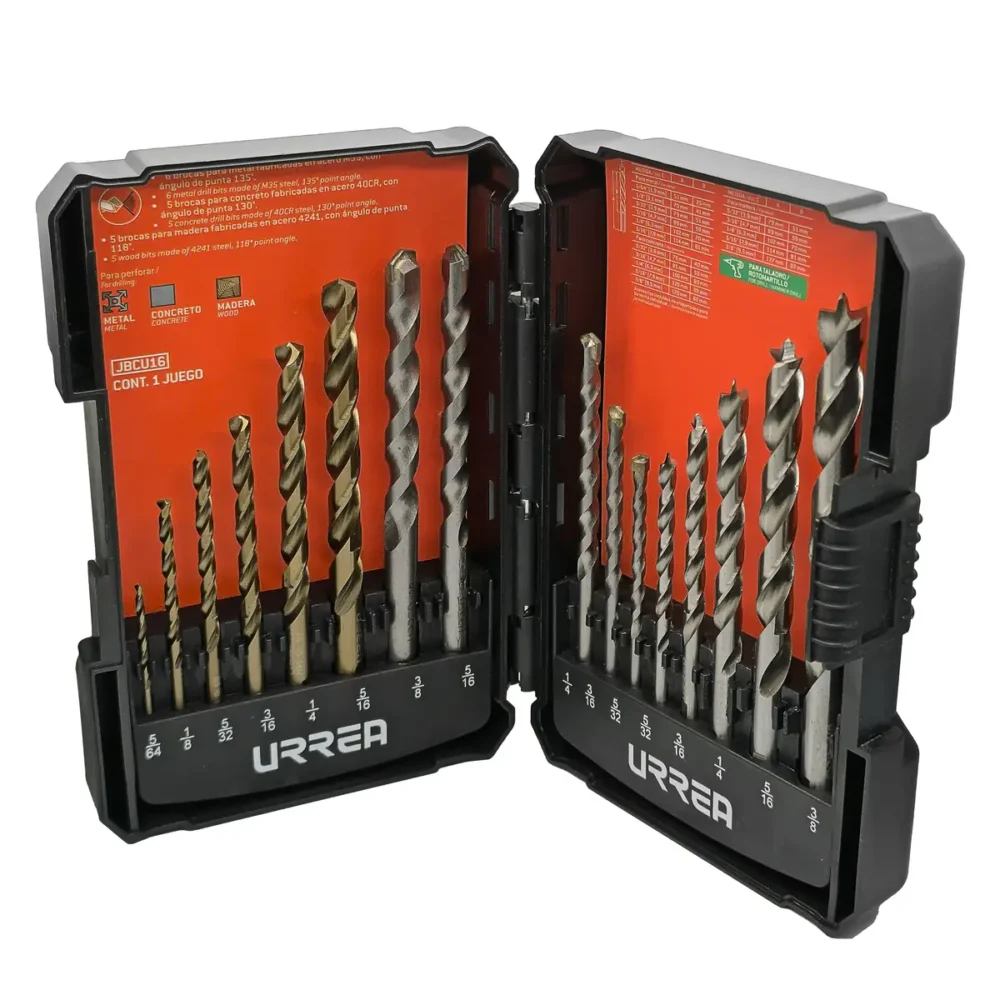 Juego combinado de brocas para metal, concreto y madera, 16 piezas