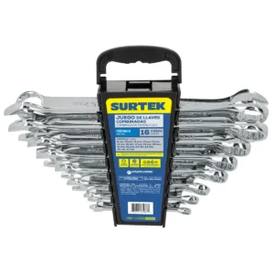 Juego de llaves combinadas pulido espejo métricas, 12 puntas, 16 piezas en rack