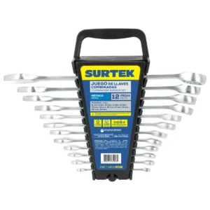 Juego de llaves combinadas satinadas métricas, 12 puntas, 12 piezas en rack